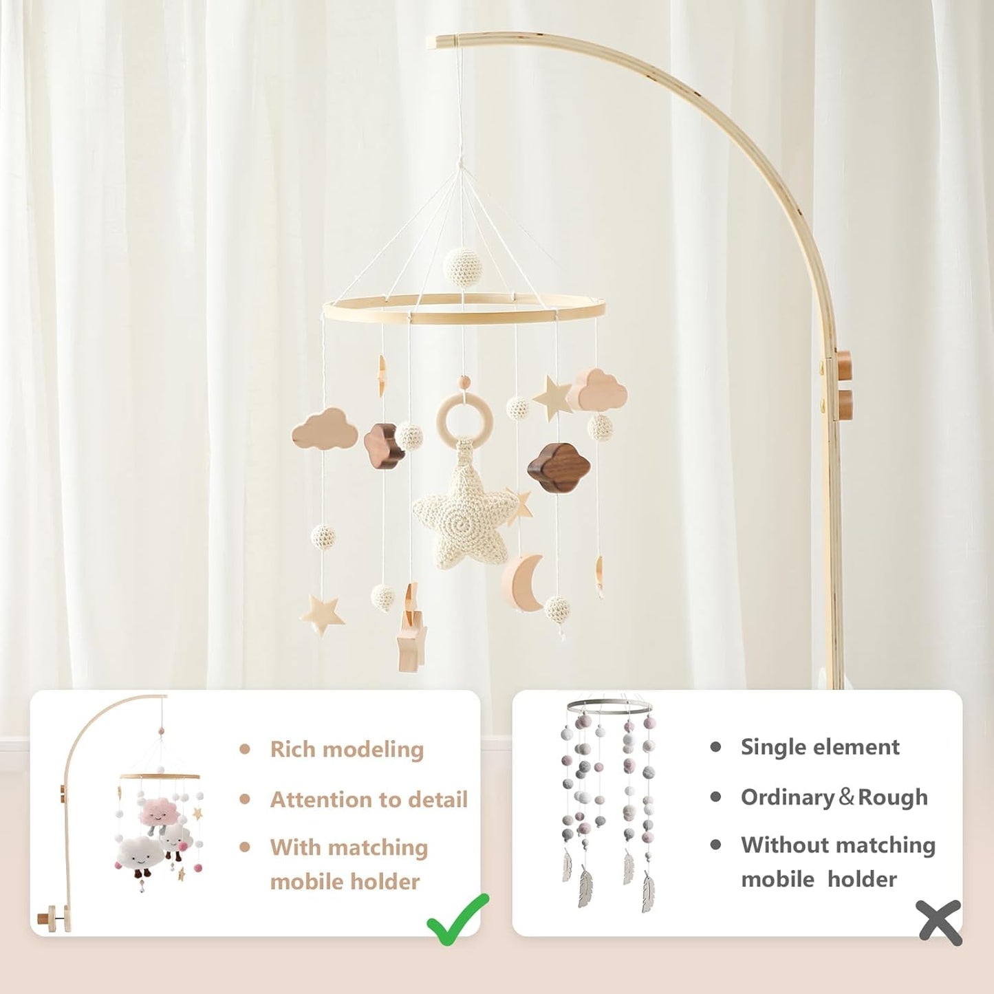 Baby Crib Mobile with Arm Boho Star Moon Nursery Mobile Set Wooden Baby Mobile Holder for Hanging Nursery Decor Ceiling Mobile