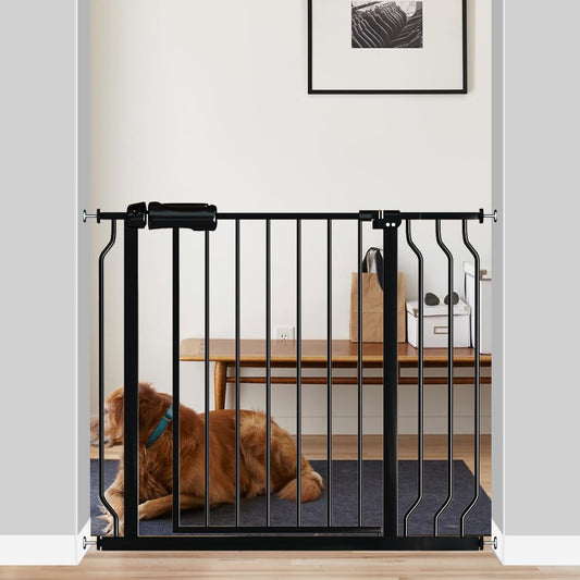 Fairy Baby Walk Through Baby Gate 34-38.5 Inch Wide, Pressure Mounted Safety Gate with Door No Drill, Tension Metal Gate for Dog and Toddler, Black