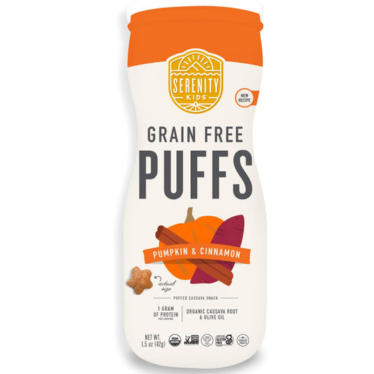 Serenity Kids 6+ Month Grain Free Puffs Toddler & Baby Snack - No Added Sugar - No Gluten or Rice - BPA & Allergen Free - With Organic Cassava, Veggies & Herbs - Pumpkin & Cinnamon - 6 Count