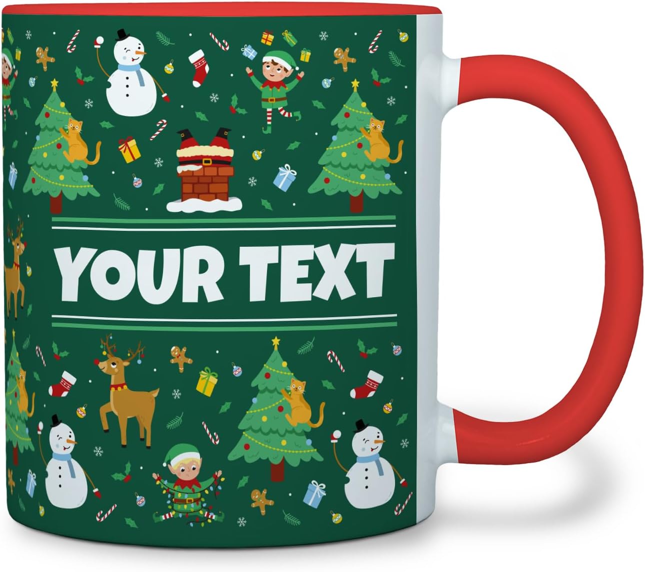 Personalized Mug for Kids - Christmas - Custom Name/Text, Ceramic Hot Chocolate/Cocoa/Coffee Cup for Boys/Girls, Holiday/Birthday Gift - 11 oz, Red Handle