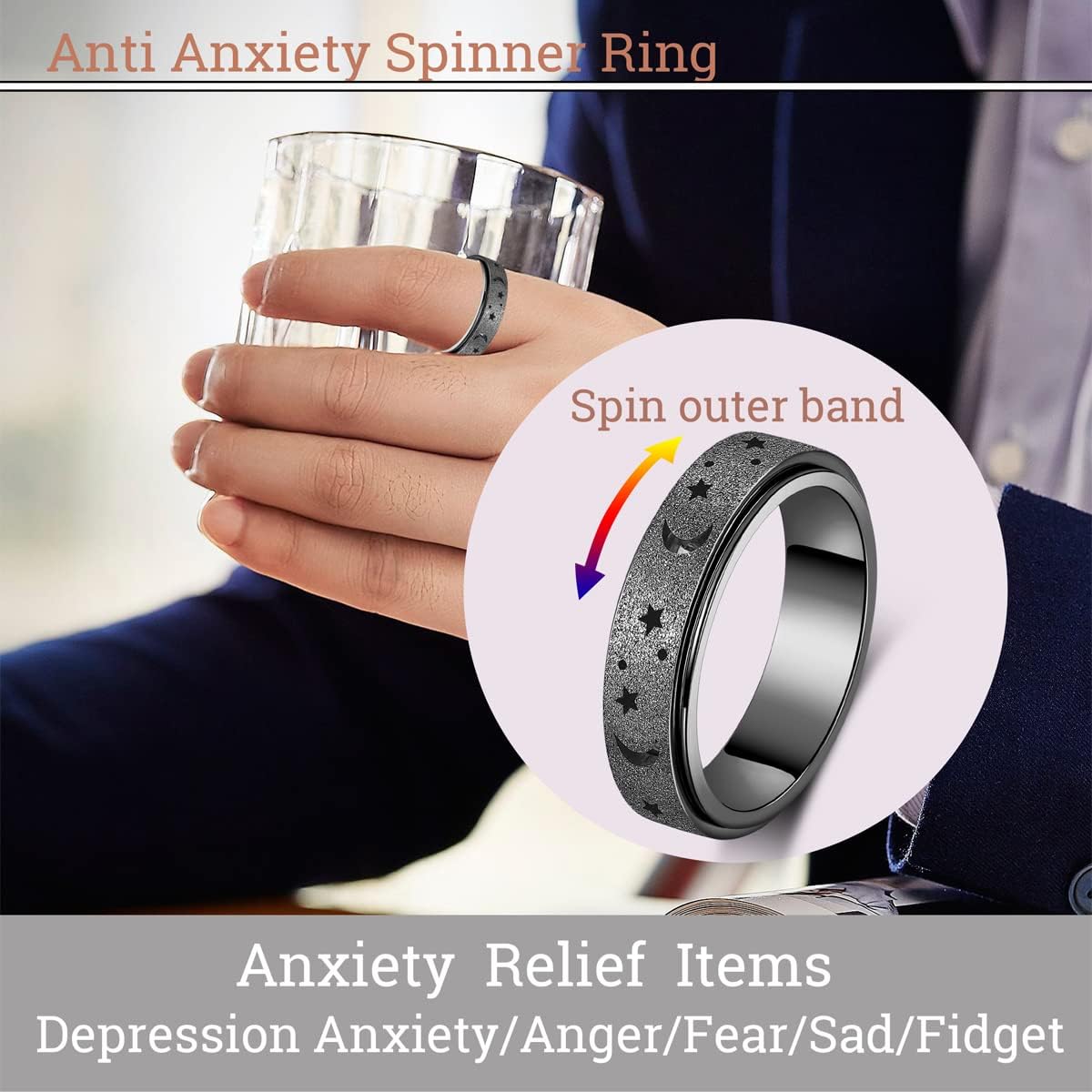 Anxiety Ring for Women Men, Titanium Stainless Steel Spinner Ring, 5 Colors, 6MM, Size 6-10, 3 Styles Anxiety Ring-Moon Star, Sandblasted Finished, Hollow Outer