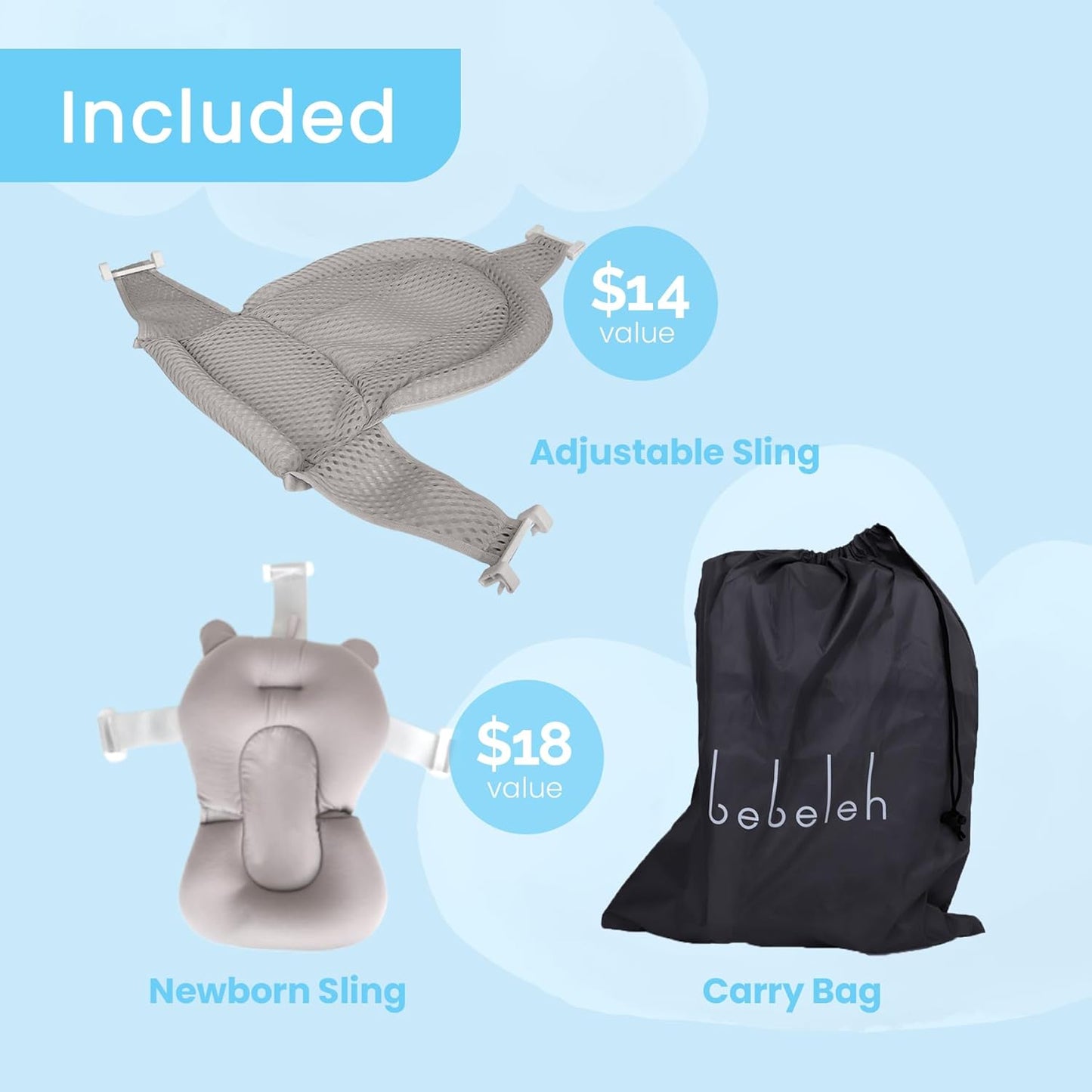 BEBELEH™ Collapsible Baby Bathtub – Bathtub + Baby tub Sling + Newborn Sling – Baby Bathtub Newborn to Toddler 0-24 Months – The Ultimate Travel Baby Bath Tub and Everyday Use! (Gray)