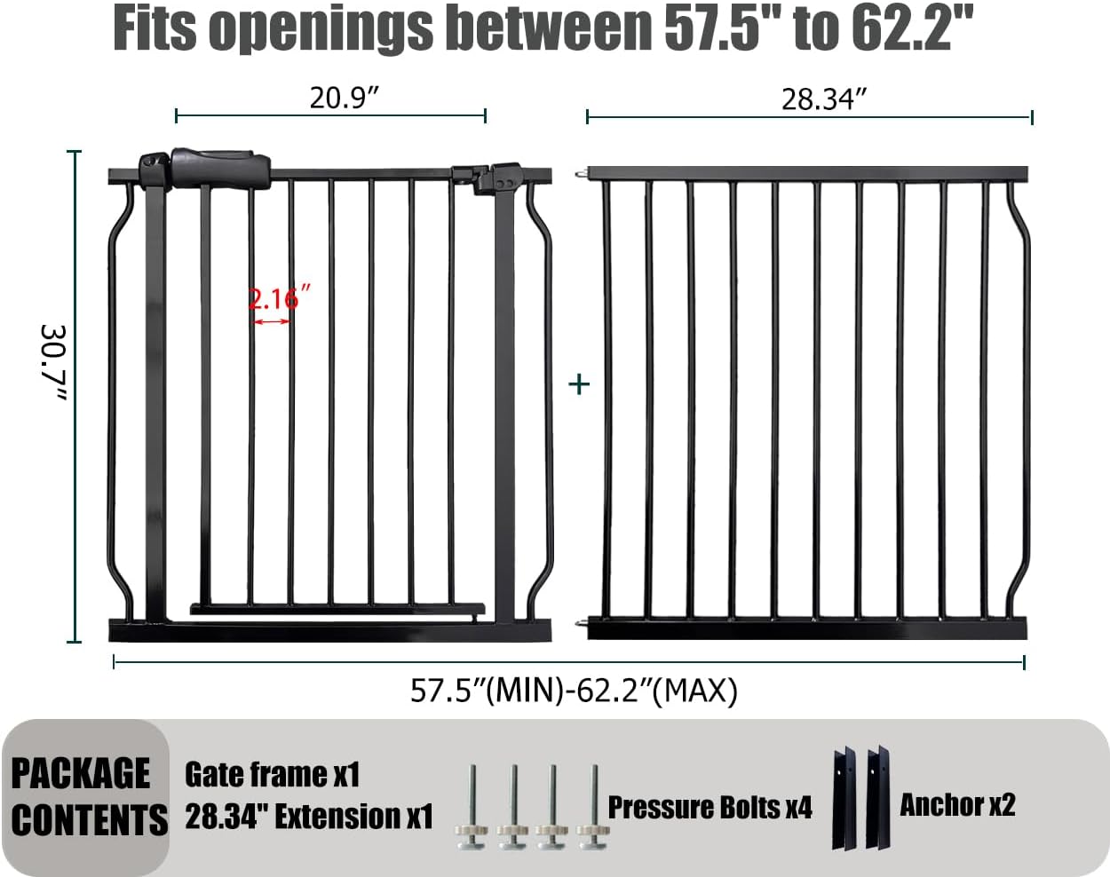 Extra Wide Baby Gate, 57.5-62 Inch - Black Metal, Pressure Mounted Indoor Safety Gate, Walk-Through Dog Gate for Kids & Pets, 30 Inch Tall