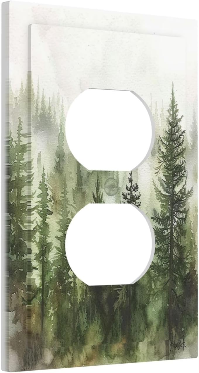 Outlet Covers Green Forest Watercolor Painting Foggy Pine 1 Gang Duplex Wall Plate Decorative Switch Plates Electrical Receptacle Faceplate Light Switch Cover for Bedroom living Room Decor