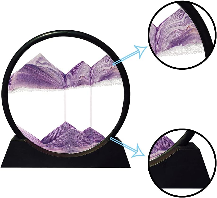 Aoderun Moving Sand Art Picture Round Glass 3D Deep Sea Sandscape in Motion Display Flowing Sand Frame Relaxing Desktop Home Office Work Decor (7", Purple)