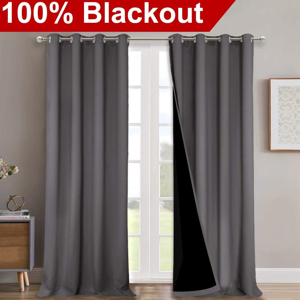 NICETOWN 100% Blackout Blinds, Laundry Room Decor Window Treatment Curtains for Large Patio Sliding Door, Thermal Insulated Grey Curtains for Bedroom, Set of 2, 52 inches x 108 inches
