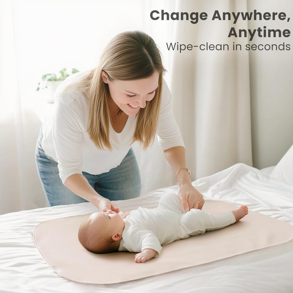 Konssy 2 Pack Faux Leather Baby Changing Mat 30"x17", Foldable and Wipeable Portable Changing Pad, Waterproof and Soft for Travel or Home Use (Blush,Beige)