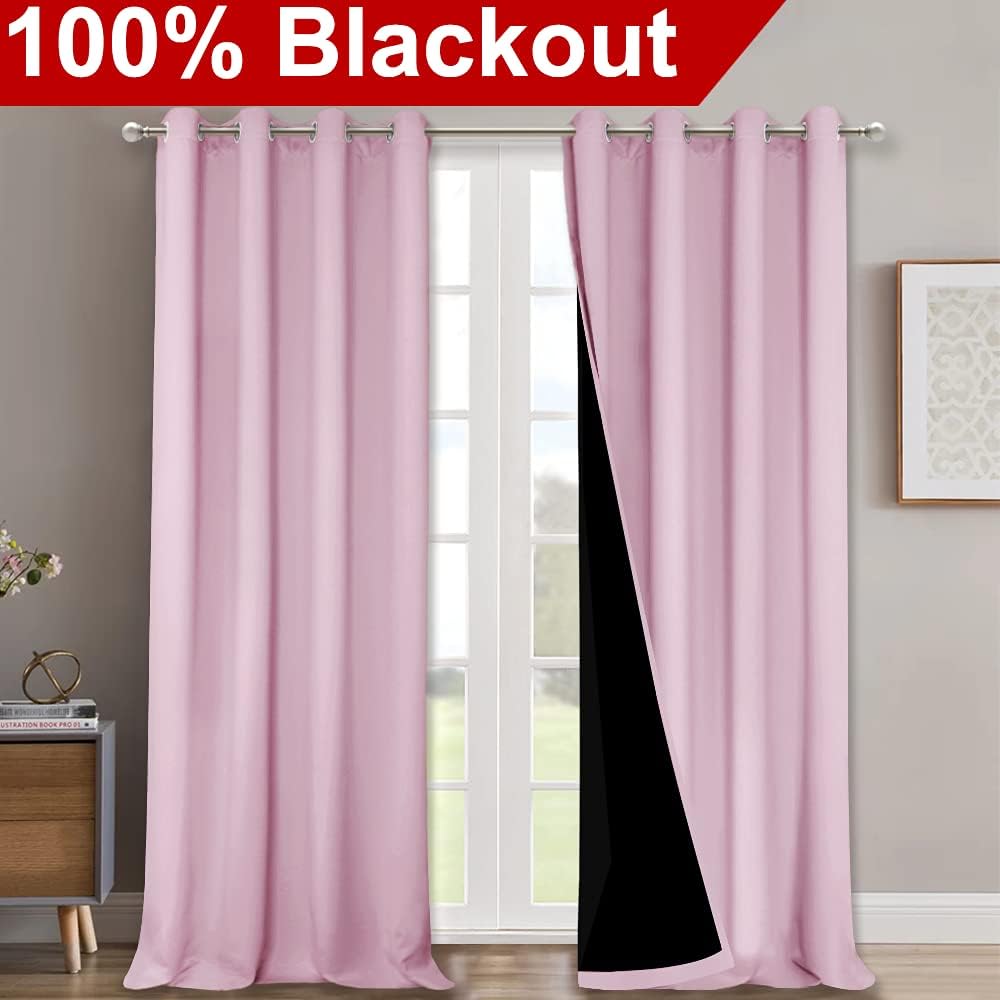 NICETOWN 100% Blackout Window Curtain Panels, Heat and Cold Blocking Drapes with Black Liner for Nursery, 102" Thermal Insulated Draperies (Lavender Pink, 2 Pieces, 52" Wide Each Panel)