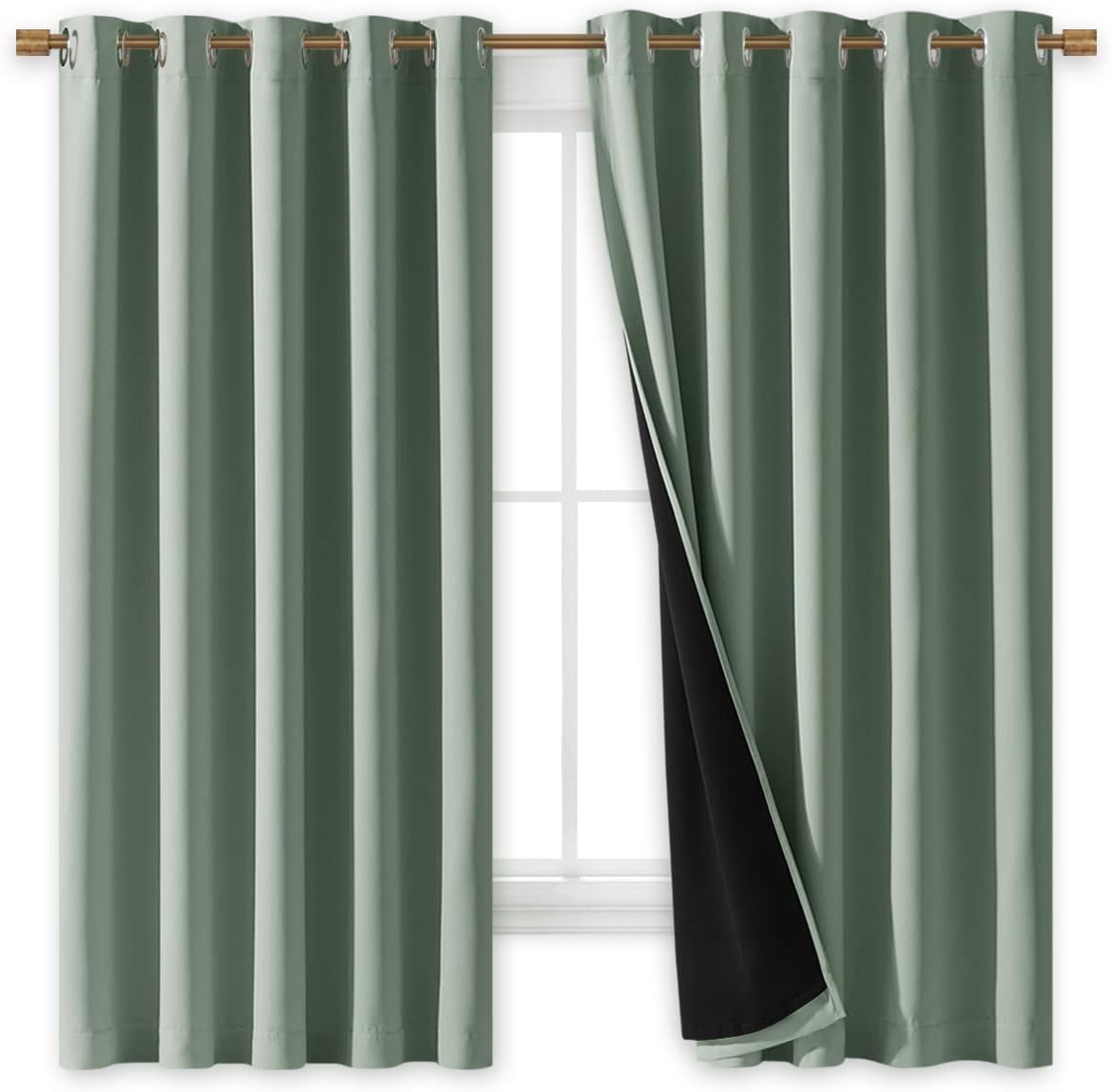 NICETOWN Greyish Green 100% Blackout Lined Curtains, 2 Thick Layers Completely Blackout Window Treatment Thermal Insulated Drapes for Kitchen/Bedroom (1 Pair, 70" Width x 63" Length Each Panel)