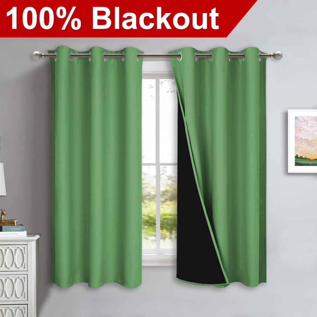 NICETOWN 100% Blackout Short Curtains with Black Liners, 2 Panels, 37" W by 40" L, Forest Green, Solid Thermal Insulated Full Blackout 2-Layer Lined Drapes, Energy Efficiency Window Drapes for Bedroom