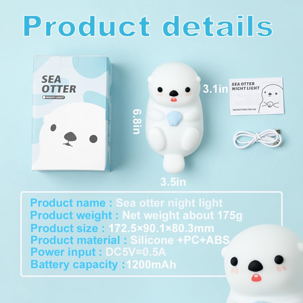 Cute Otter Night Light for Kids Bedroom, Animal Silicone Nursery Night Lamp Touch Control Sea Otter Nightlights USB Rechargeable Bedside Lamp for Baby Children Toddlers Girls Gift