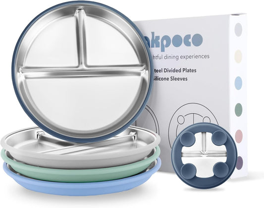 Stainless Steel Suction Plates for Toddlers, 9" Divided Kids Baby Plates with Removable Silicone Suction, Non Toxic Non Slip Portion Control Snack Dishes 4 Packs, Blue Gray Navy Sage