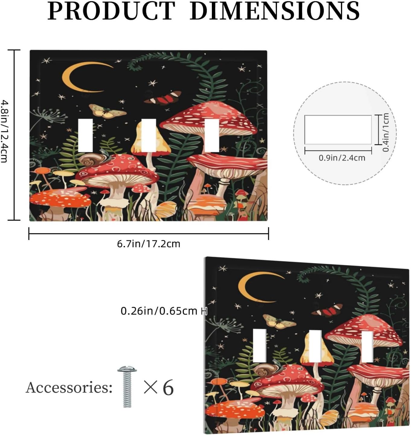 Moon Star Red Mushroom Forest Butterfly Green Plant Decorative Switch Plates 3 Gang Wall Plate Triple Toggle Light Switch Cover Faceplate Electrical Wall Panels for Kids Room Home Decor