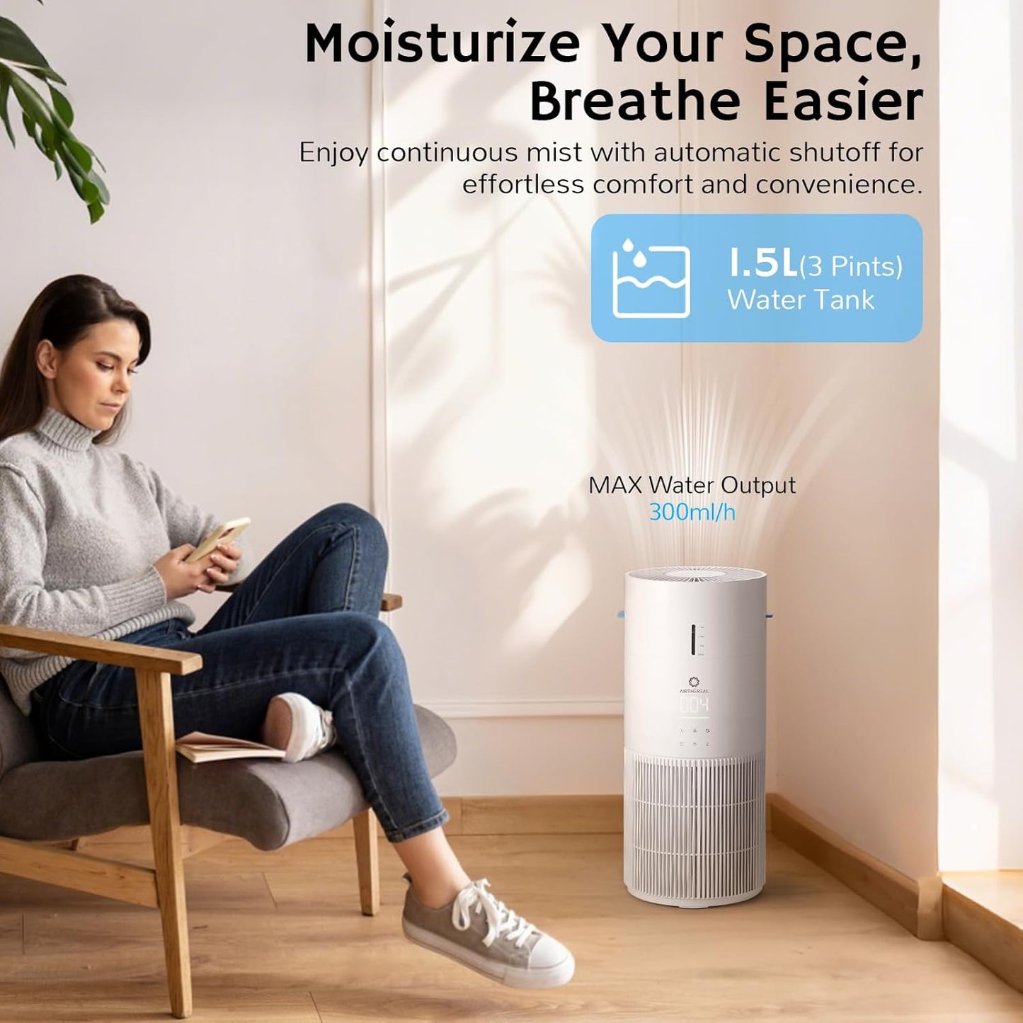 Airthereal 2-in-1 Air Purifier + Humidifier Combo for Large Room up to 1325 ft², 3-Stage Filters, Air Quality Monitor and Quiet Sleep Mode, Evaporative Humidifier with Auto Humidity Monitor, AEH300
