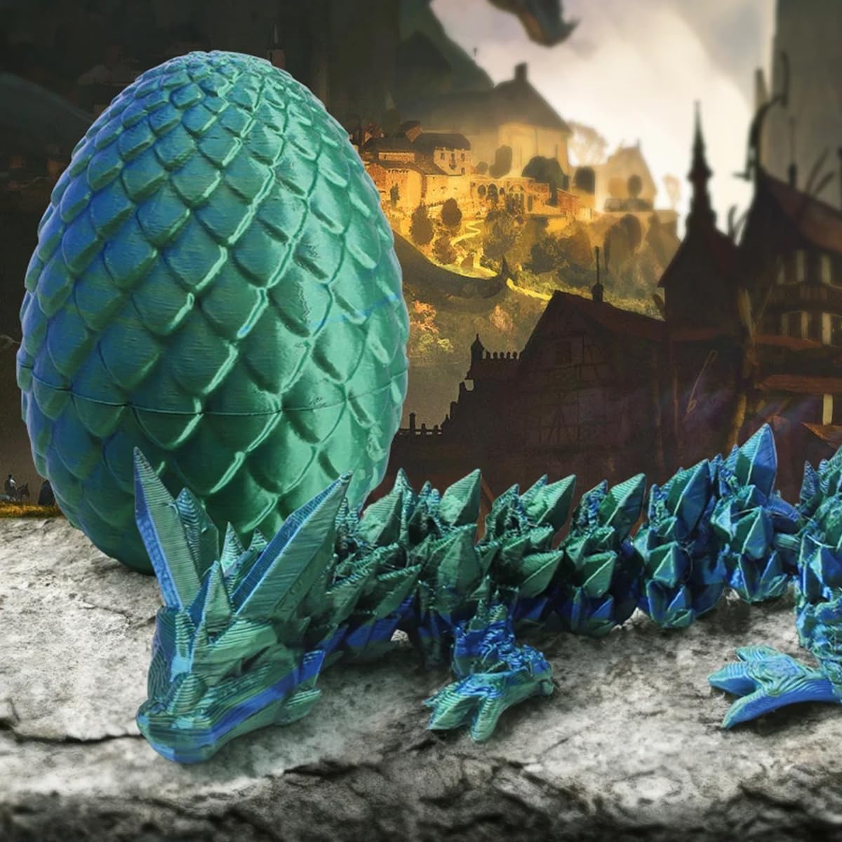 3D Printed Dragon in Egg, Full Articulated Dragon Crystal Dragon with Dragon Egg, Home Office Decor Executive Desk Toys, Adults Fidget Toys for Autism/ADHD (Laser Green, 12")