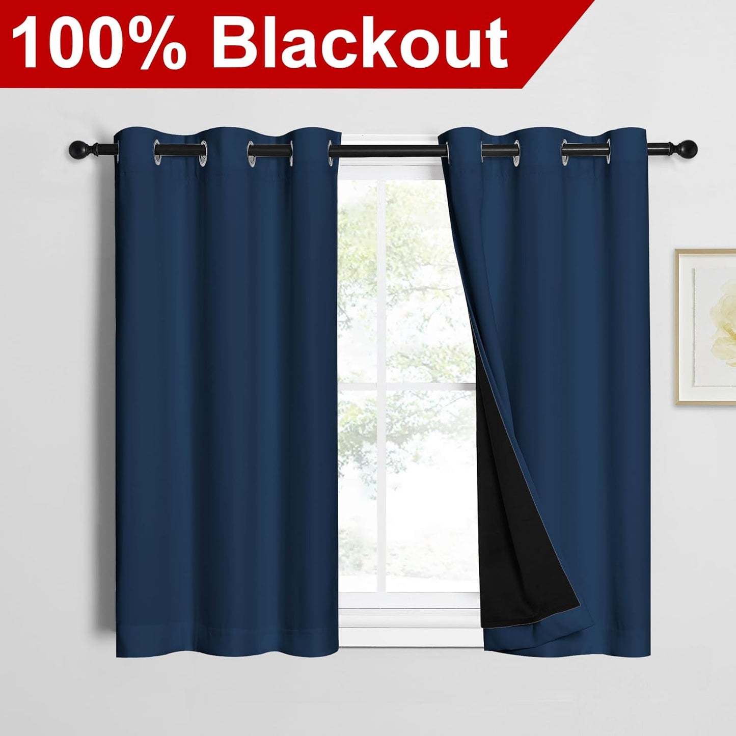 NICETOWN 100% Blackout Short Curtains with Black Liners, 2 Panels, 37" W by 40" L, Moroccan Blue, Thermal Insulated Full Blackout 2-Layer Lined Drapes, Energy Efficiency Window Draperies for Bedroom