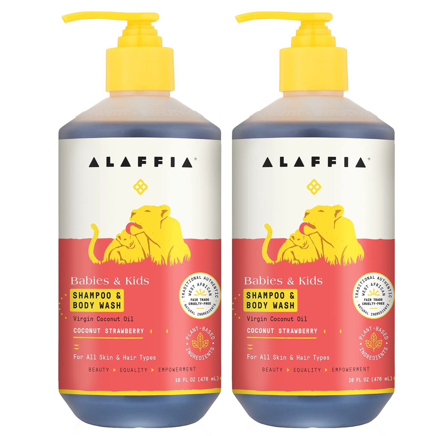 Alaffia Babies and Kids Shampoo and Body Wash, Gentle and Calming Support for Soft Hair and Skin with Shea Butter, Neem, and Coconut Oil, Fair Trade, Coconut Strawberry, 2 Pack – 16 Fl Oz Ea