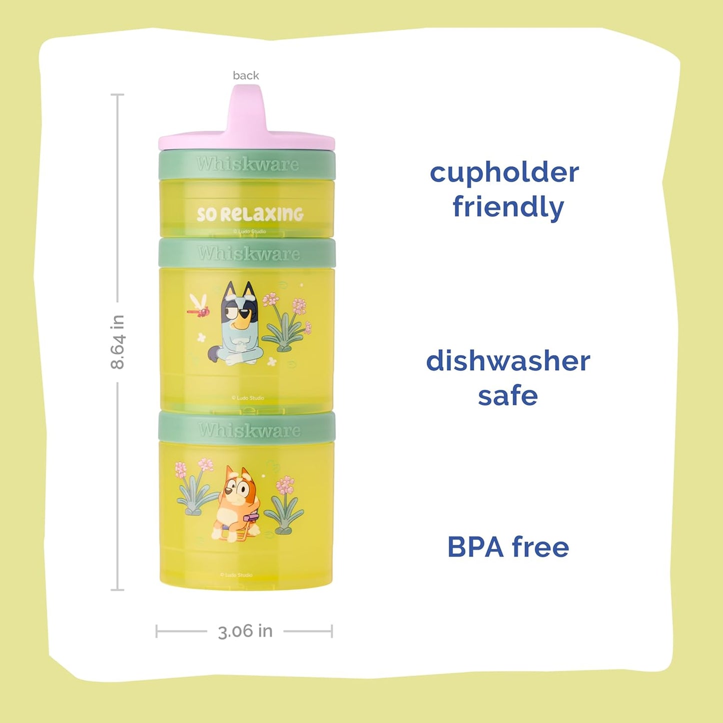 Whiskware Bluey Stackable Snack Containers for Kids and Toddlers, 3 Stackable Snack Cups for School and Travel, Bluey and Bingo, So Relaxing!