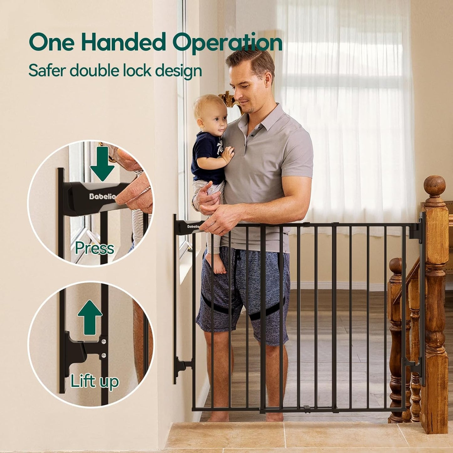 Babelio 27-45" No Bottom Bar Baby Gate with Easy Installation, 2-in-1 Auto Close Design, Suitable for The House, Stairs, and Doorways, Safety Pet Gates with Large Walk-Thru Door, Black