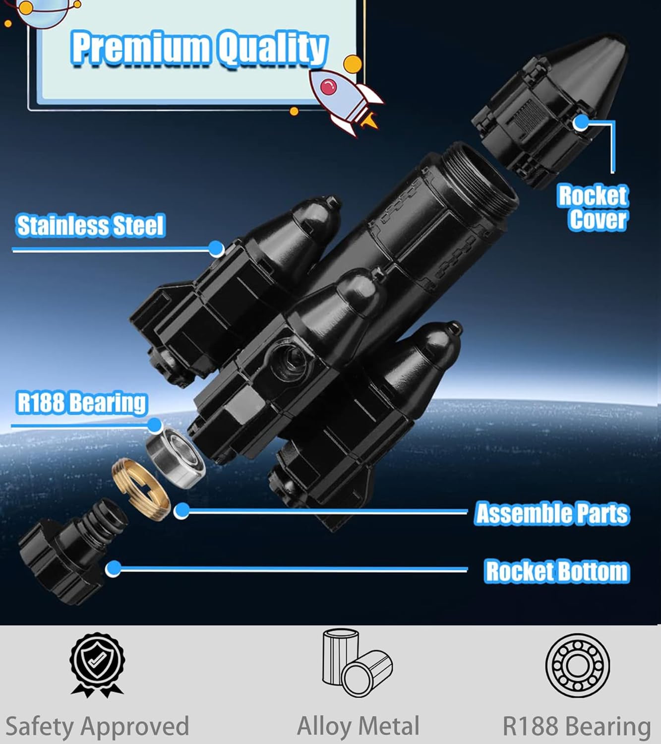 Rocket Fidget Spinner for Kids Adults Metal, Space Ship Miniature Finger Hand Spinner for Boys Age 3-12, Kinetic Desk Toy Spinning Top Desk Toy, EDC Office Stress Relief Gift Prize for Boys Girls