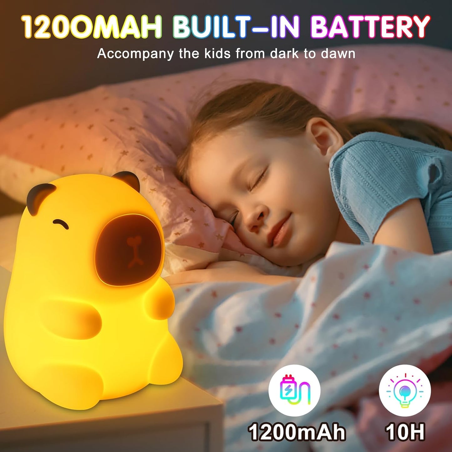 Night Light for Kids, 7 Color Changing BPA-Free Silicone Lamp with Touch Control, Eye Protection, Rechargeable Battery, Soft & Safe Nursery Lamp for Boys & Girls (Turtle Backpack Capybara)