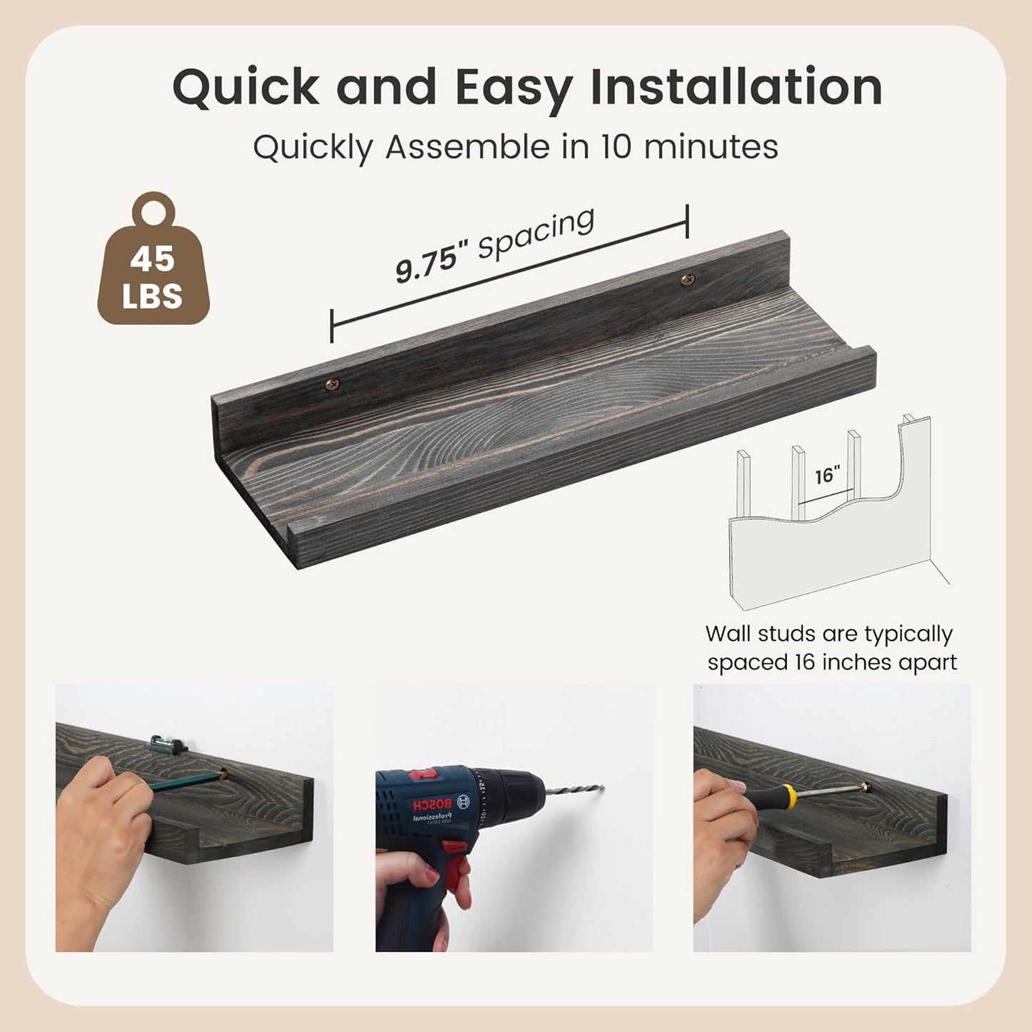 Picture Ledge Wall Shelves 16 inch Width Set of 2, Solid Pine Wood Rustic Floating Ledge Shelves for Wall for Kids' Room Bedroom Kitchen Bathroom Living Room Nursery Display Wall Decor, Grey