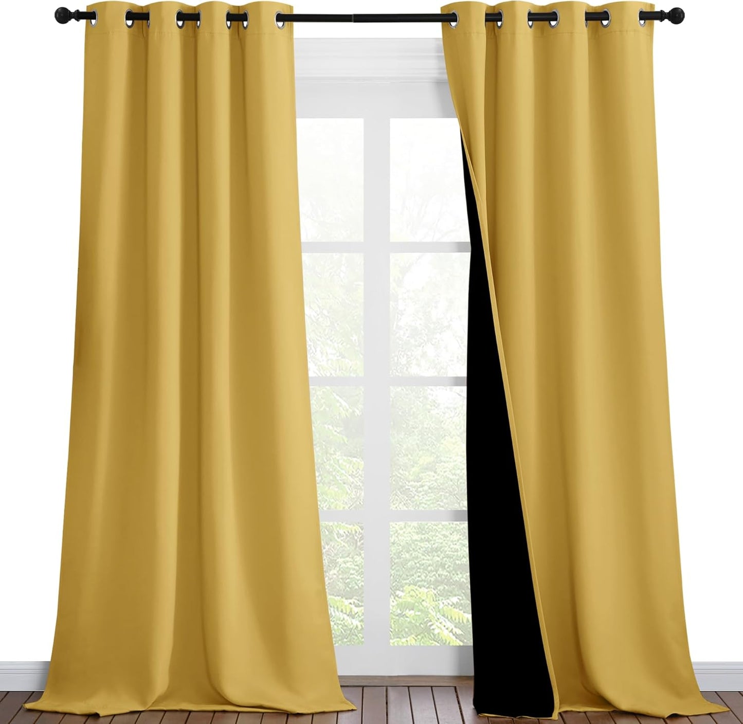 NICETOWN 100% Blackout Blinds, Set of 2, 46 inches x 96 inches, Laundry Room Decor Window Treatment Curtains for Large Patio Sliding Door, Thermal Insulated Bright Yellow Curtains for Bedroom