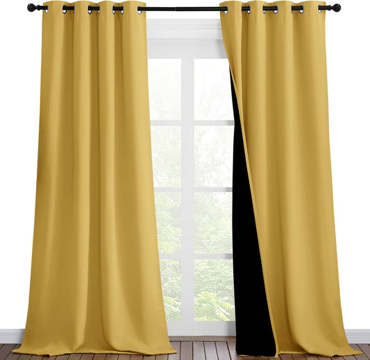 NICETOWN 100% Blackout Blinds, Set of 2, 46 inches x 96 inches, Laundry Room Decor Window Treatment Curtains for Large Patio Sliding Door, Thermal Insulated Bright Yellow Curtains for Bedroom