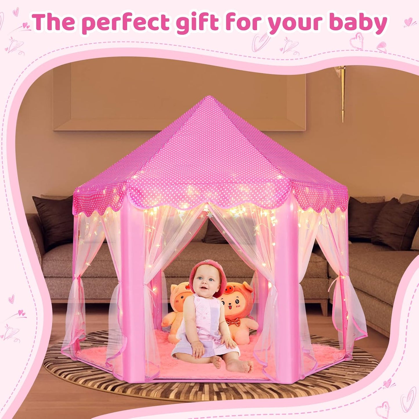 Monobeach Princess Tent Girls Large Playhouse Kids Castle Play Tent with Star Lights Toy for Children Indoor and Outdoor Games, 55'' x 53'' (DxH) (Pink Princess Tent with Play Mat)