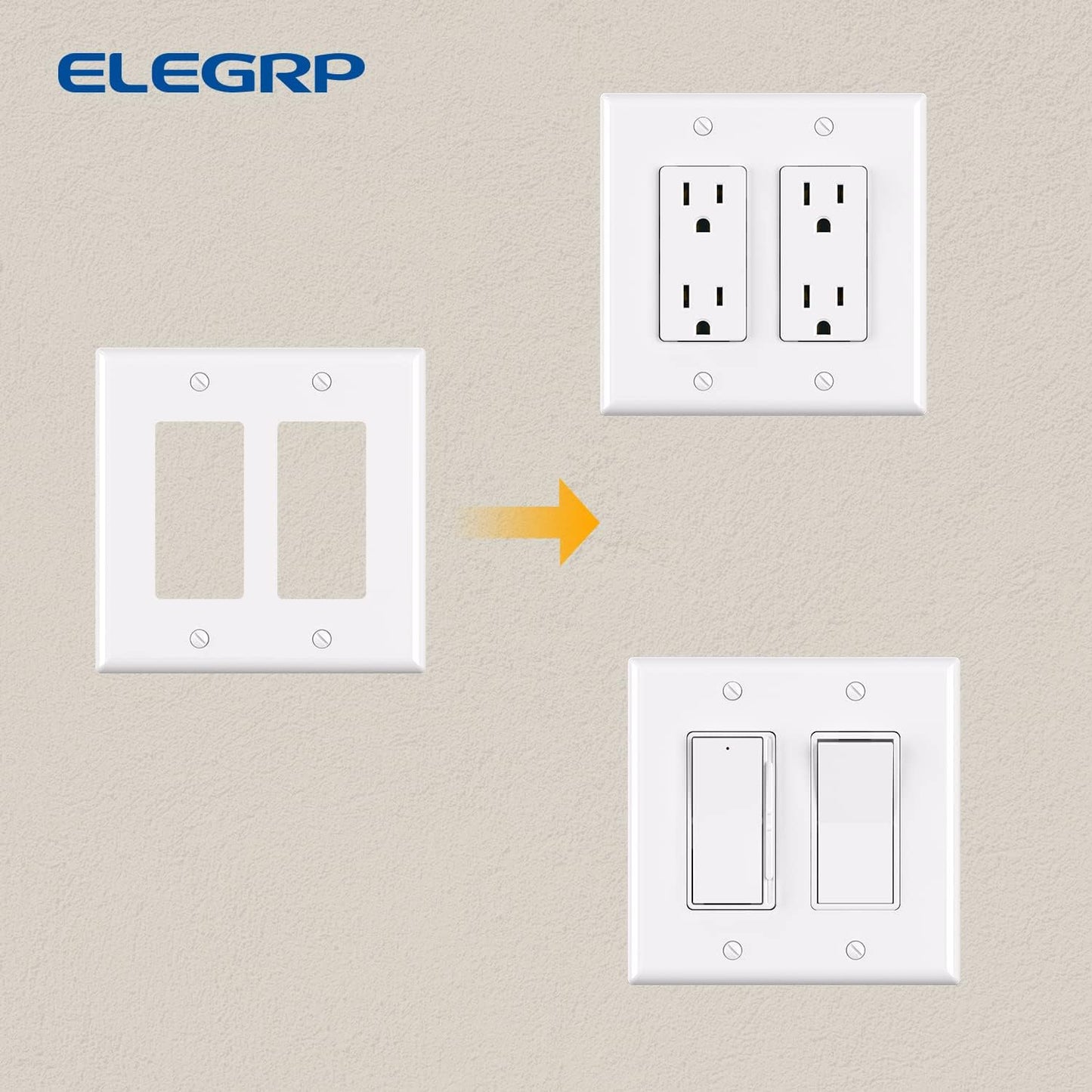 ELEGRP 2-Gang Decorative Wall Plates, Mid-Size 4.88" H x 4.94" L Unbreakable Thermoplastic Faceplate Cover for Decorator Receptacle Outlet Switch, UL Listed (5 Pack, Glossy White)