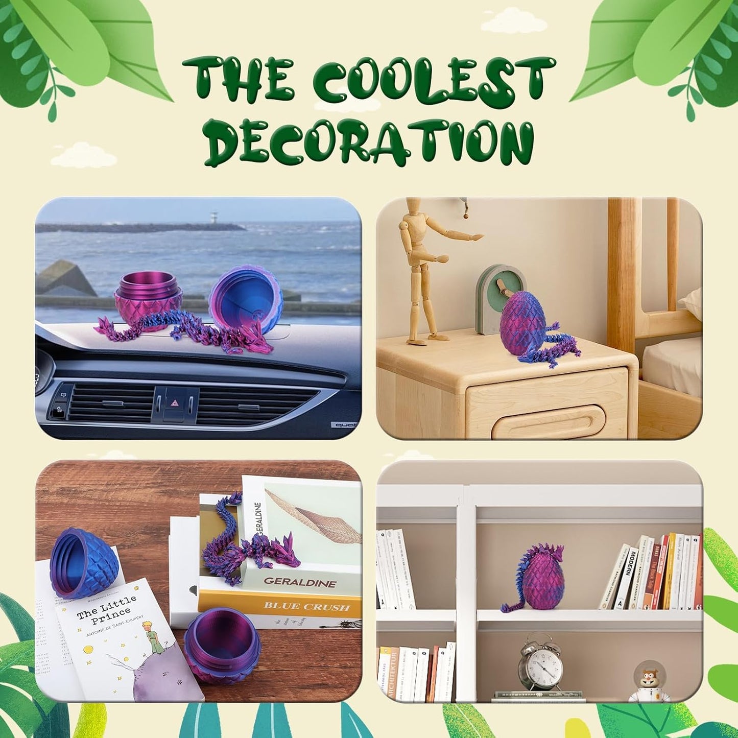 3D Printed Dragon in Eggs 12in Articulated Dragon Crystal Dragon Fidget Toy with Dragon Eggs Flexible Executive Desk Toys Home Office Decor (Laser-Purple)