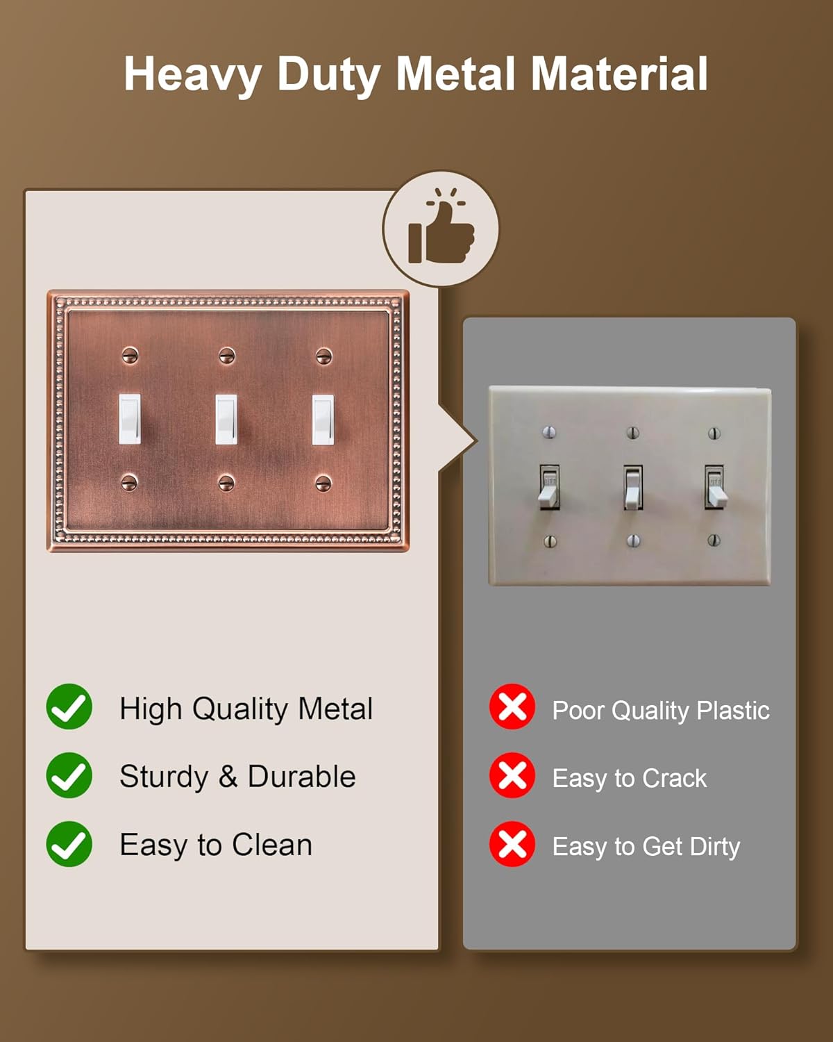 2-Pack Triple Toggle Light Switch Cover Plate, Pearls Decorative Switch Plate Covers, Antique Copper 3 Gang Metal Wall Plate, Corrosion Resistant