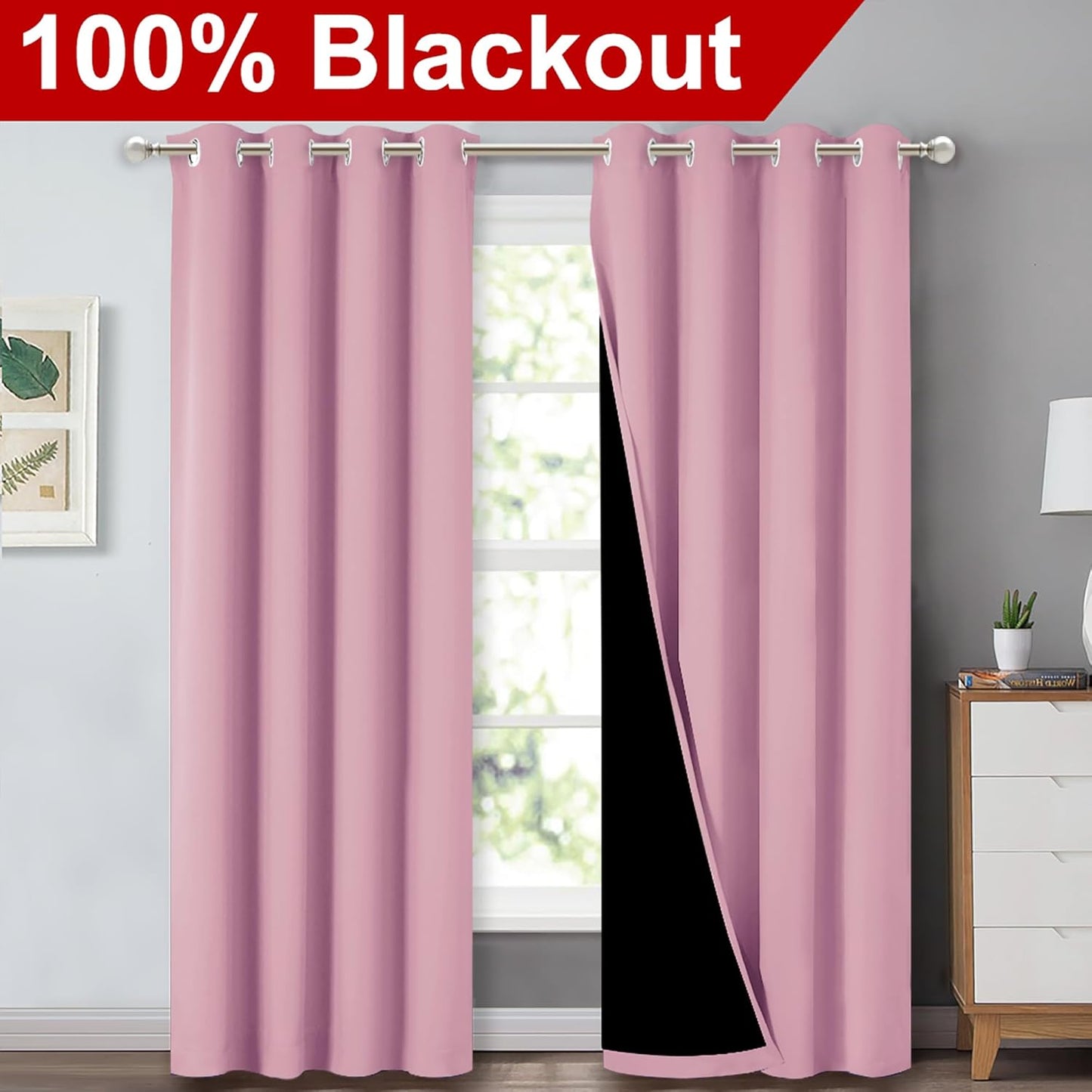 NICETOWN Crystal Pink Full Shade Curtain Panels, Pair of Energy Smart & Noise Blocking Out Blackout Drapes for Dining Room Window, Thermal Insulated Guest Room Lined Window Dressing, 52 x 84 inch