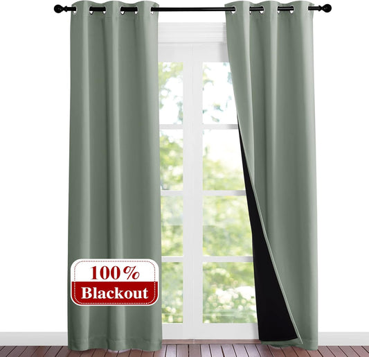NICETOWN Greyish Green Blackout Curtains 84 inches Long, Full Light Blocking Drapes with Black Liner for Nursery, Noise Reducing Thermal Insulated Draperies for Doorway (2 Pieces, 37" Wide per Panel)