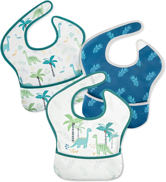 Mess Proof Baby Bib 3 Pack, Waterproof Led Weaning Baby Feeding Bibs with Food Catcher, Travel Feeding Bibs