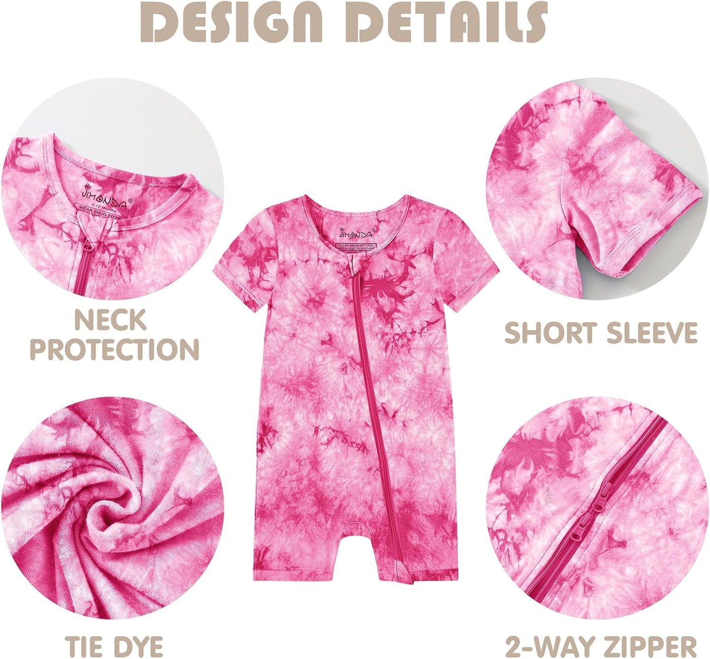 Jimonda Baby Girl Boys Rayon From Bamboo Pajamas 3 Pack Short Sleeve Footless Romper 2 Way Zipper Tie Dye Pjs Sleeper 0-24M