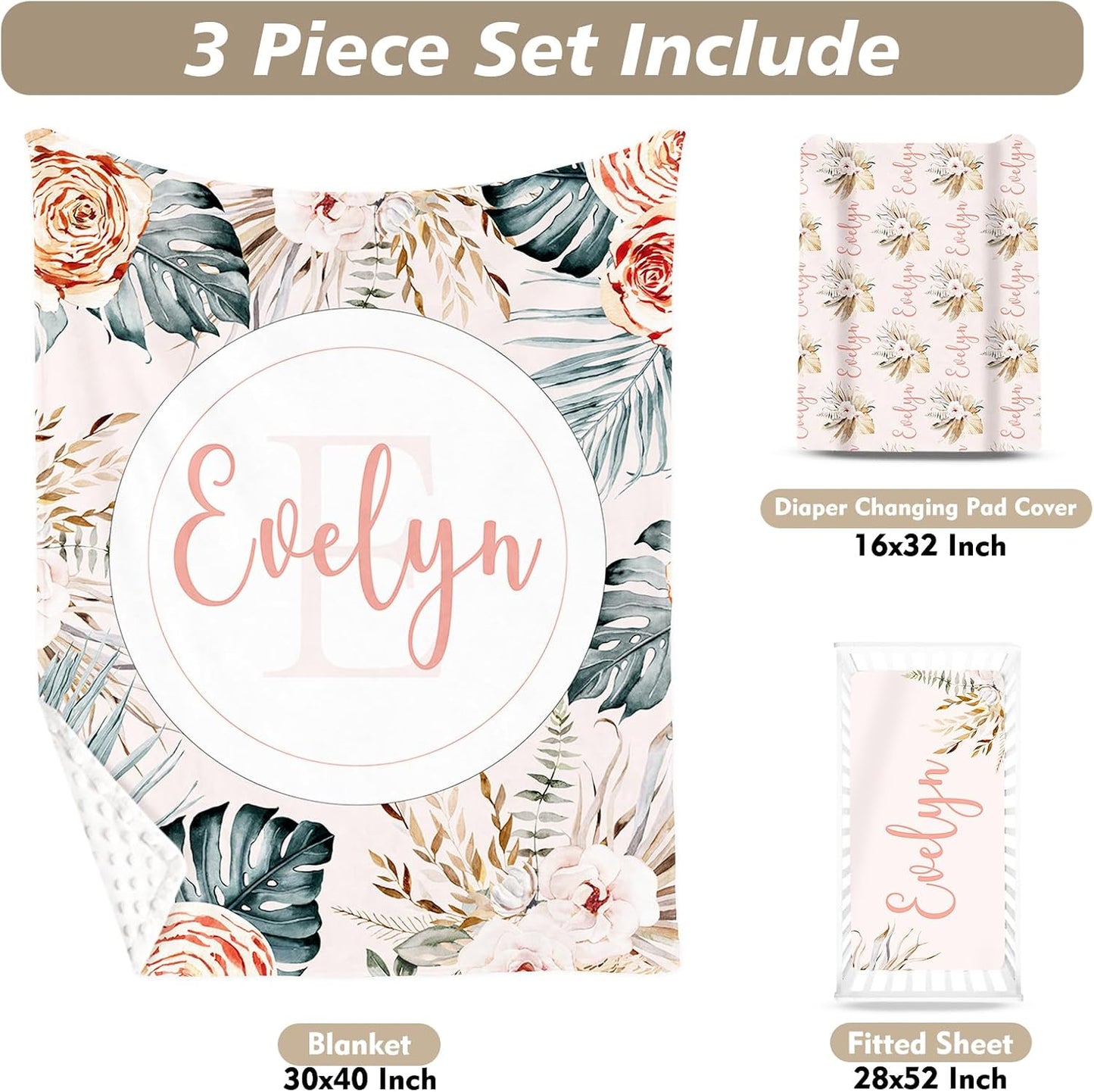 Custom Name Crib Bedding Set - Bohemian Flowers Design, Personalized Baby Nursery Bedding 3-Piece Set– Soft Blanket, Fitted Sheet, Changing Pad Cover – for Newborns Girls Nursery Gifts