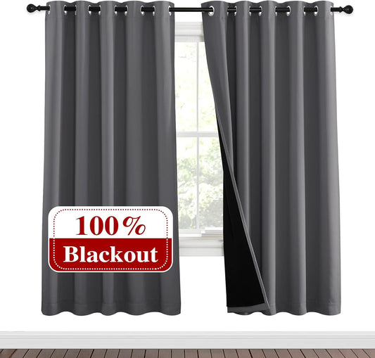 NICETOWN Grey Full Shade Curtain Panels, Pair of Energy Smart & Noise Blocking Out Blackout Drapes for Dining Room Window, Thermal Insulated Guest Room Lined Window Dressing(Gray, 62 x 72 inch)
