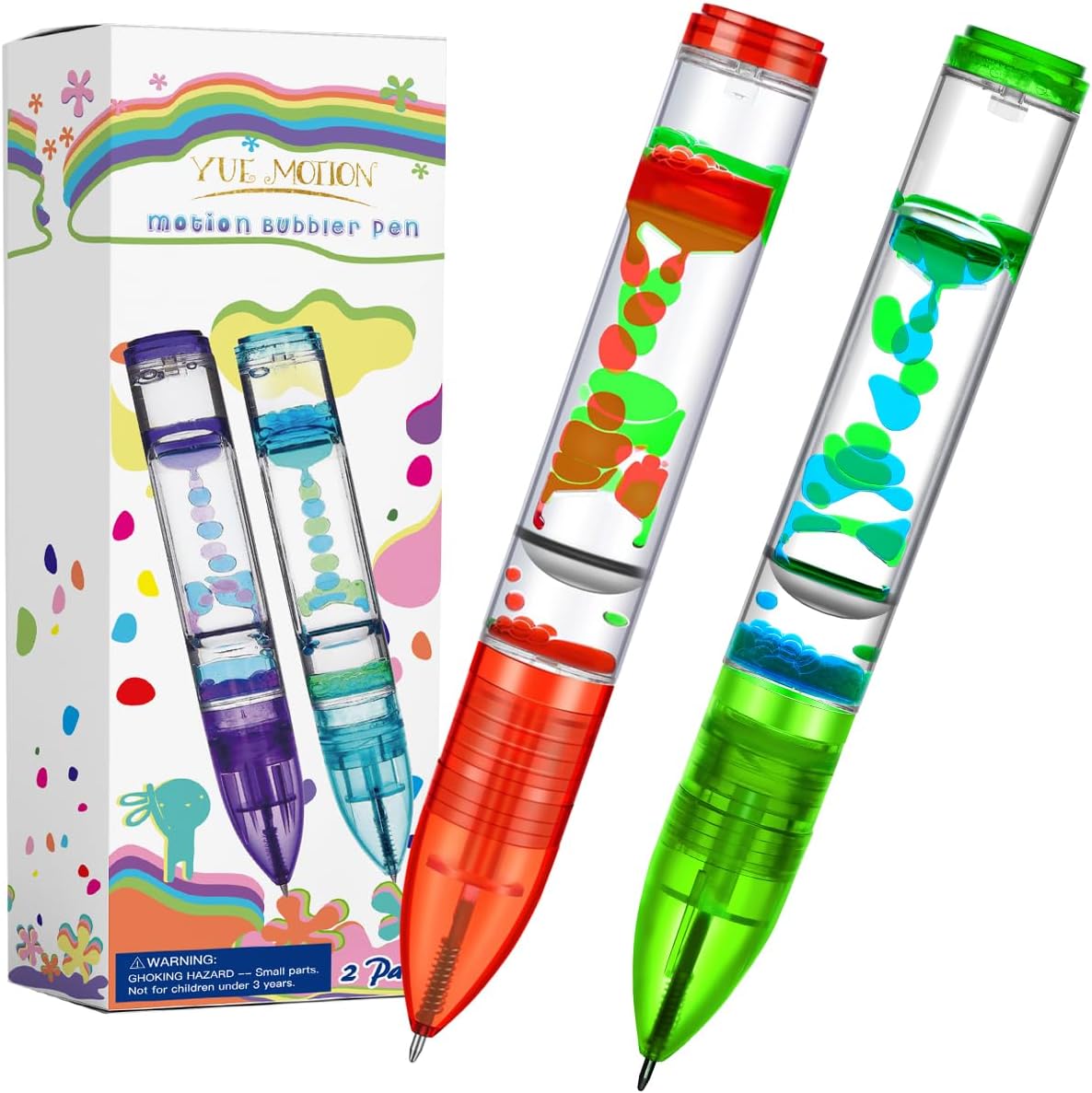 YUE MOTION Liquid Motion Bubbler Pens - Sensory Toy Pens for Classroom-Fidget Pens for Kids and Adults-Colorful Timer Pens for Stress and Anxiety Relief-2 Pack