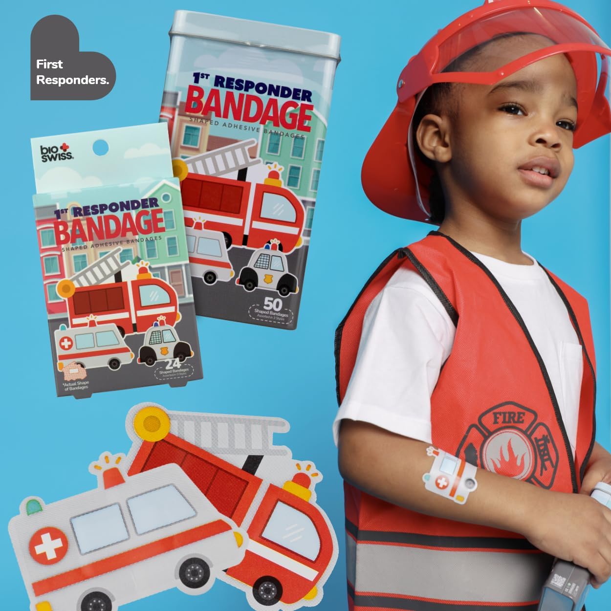 BioSwiss Bandages, First Responders Shaped Self Adhesive Bandage, Latex Free Sterile Wound Care, Fun First Aid Kit Supplies for Kids and Adults, 50 Count