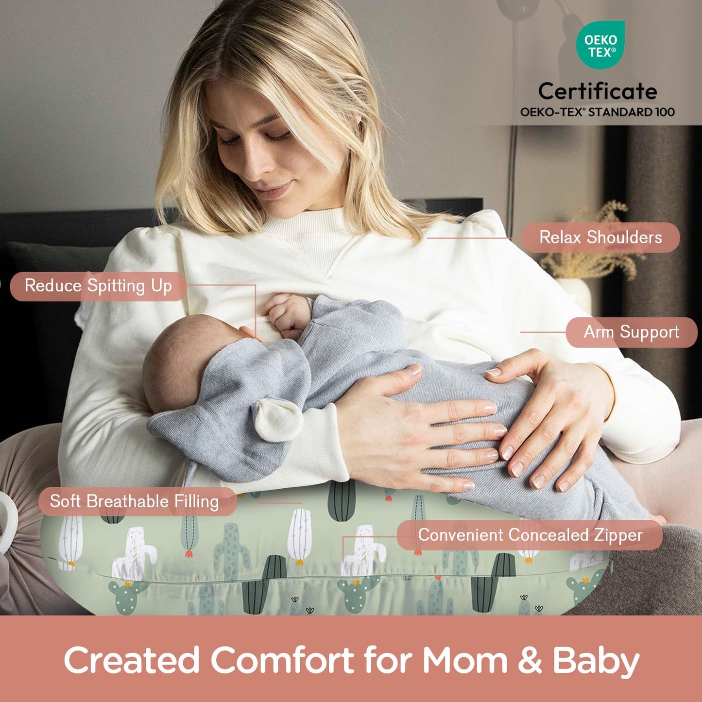 Little Grape Land Nursing Pillow for Infants, Breastfeeding Pillows, Baby Support Pillow for Nursing, Bottle Feeding, Tummy Time with Machine Washable Cover & Breathable Filling (Blossom Cactus)