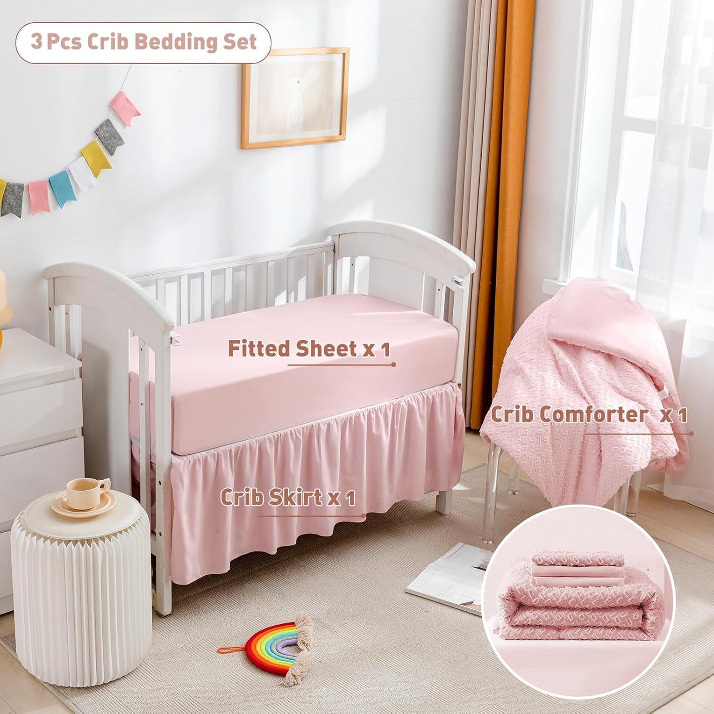 Cokouchyi 3 Piece Bedding Set for Boy Girls, Jacquard Tufted Geometric Crib Set, Includes Crib Skirt, Blanket and Sheet, Baby Bedding, Pink