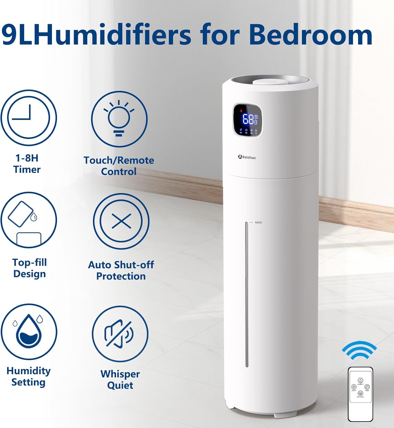Large Humidifiers for Bedroom, 9L/2.5Gal Ultrasonic Cool Mist, Easy Clean with 350ML/H Large Mist Speed, Quiet Tower, Suitable for Kids Room Plant Yoga (White)