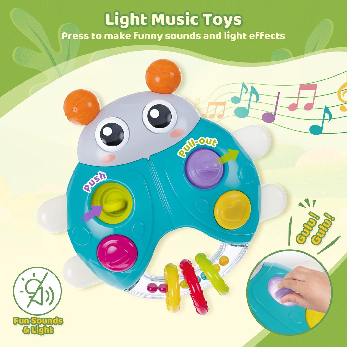 Ladybug Baby Light Up Toys with Rattle Led Light Music, Interactive Educational Fine Motor Development Toy for 3-6-12-18-24 Months Baby Toddler