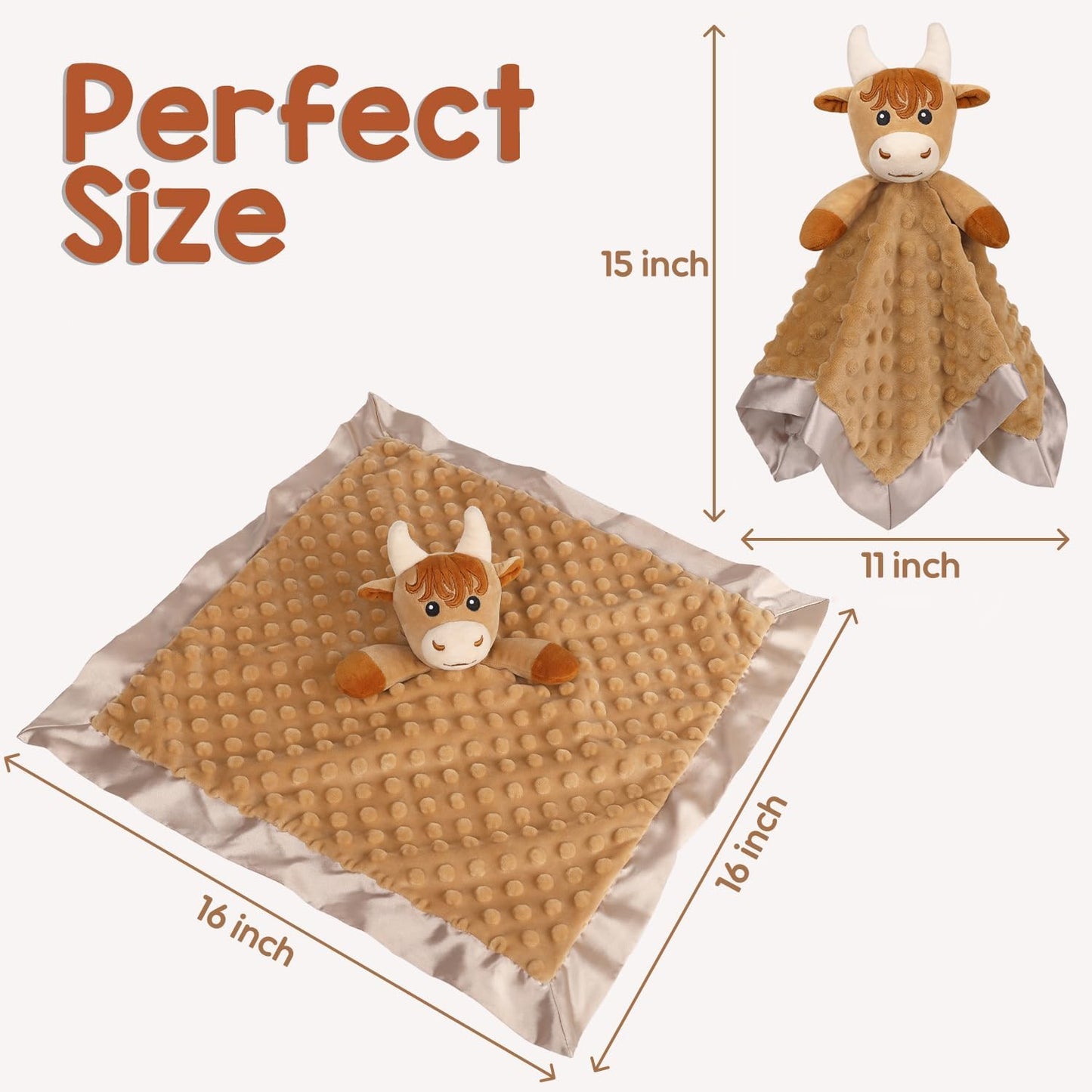 Loveys for Babies, Soft Baby Security Blanket Lovies for Babies, Stuffed Animals Blankie for Newborn Infant with Baby Snuggle Toy, Baby Boys Gifts Highland Cow Security Blanket 16 Inch