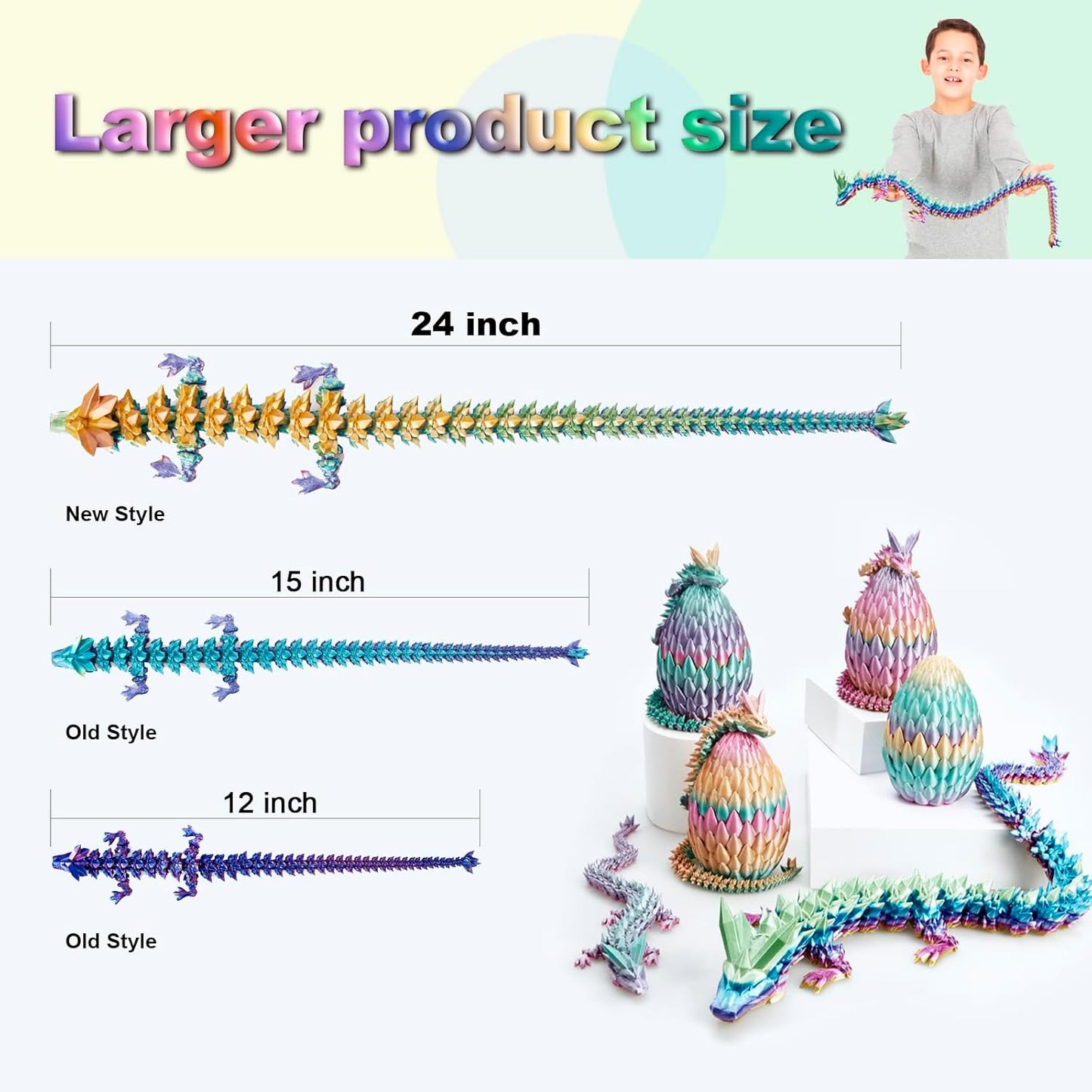 Large 24" 3D Printed Dragon,Articulated Crystal Dragon,3D Dragon Toy,Dragon Collection, Executive Desk Decor (Rainbow)