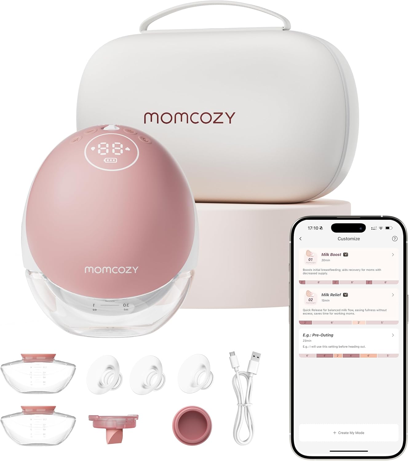 Momcozy Breast Pump Hands Free Upgraded Mobile Flow | M9, App Discreet Control with Personalized Multi-Modes & 15 Levels, Wearable Breast Pump 24mm, 1 Pack Cozy Red