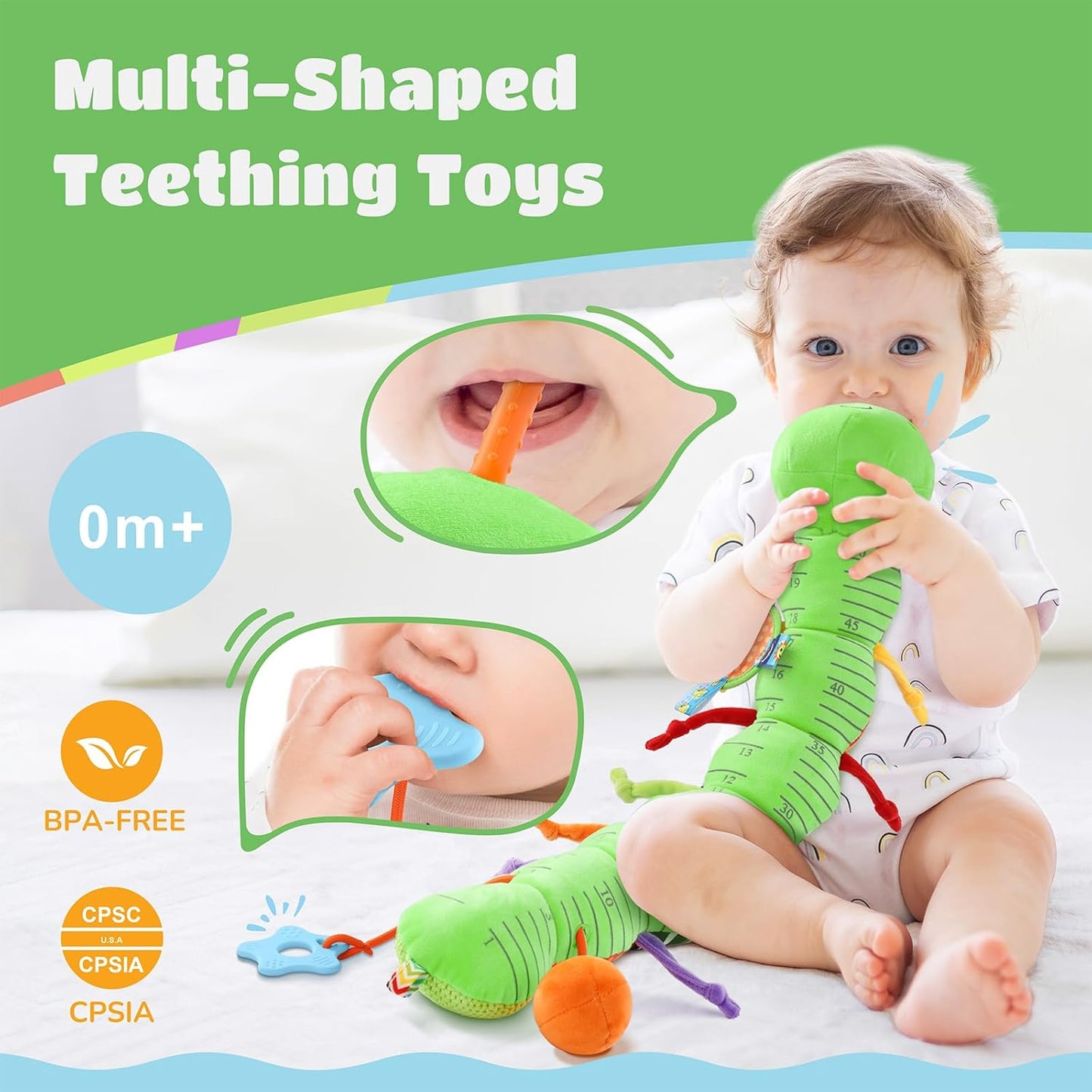 Baby Toys 6-12 Months Music Caterpillar Infant Toys Stuffed Animals 0-3-6 Months Tummy Time Teething Sensory Toys with Mirror Rattle&Pull String for Boys Girls Birthday Gifts|Green,Knot Limb