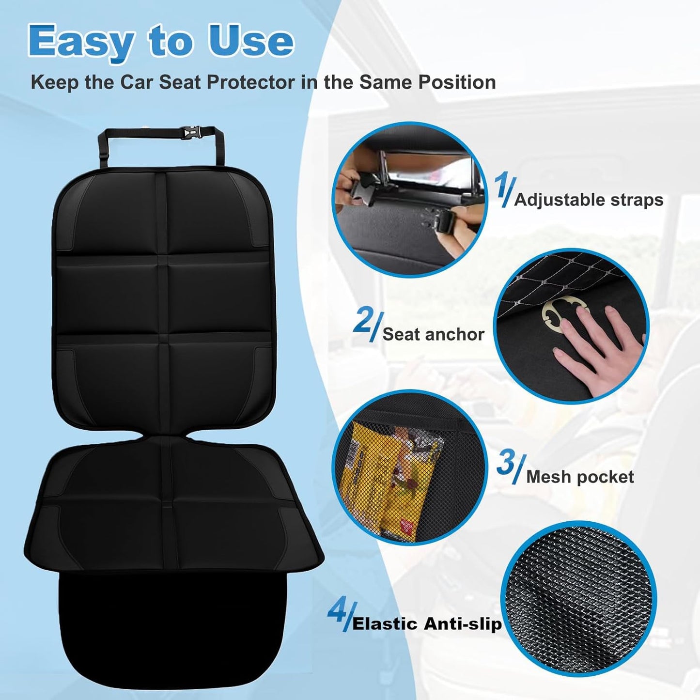 Car Seat Protector, 2 Pack Baby CarSeat Protector with Mesh Pockets & Non-Slip Backing 600D Durable Seat Cover Under Baby Child Car Seat, (Black, Standard)