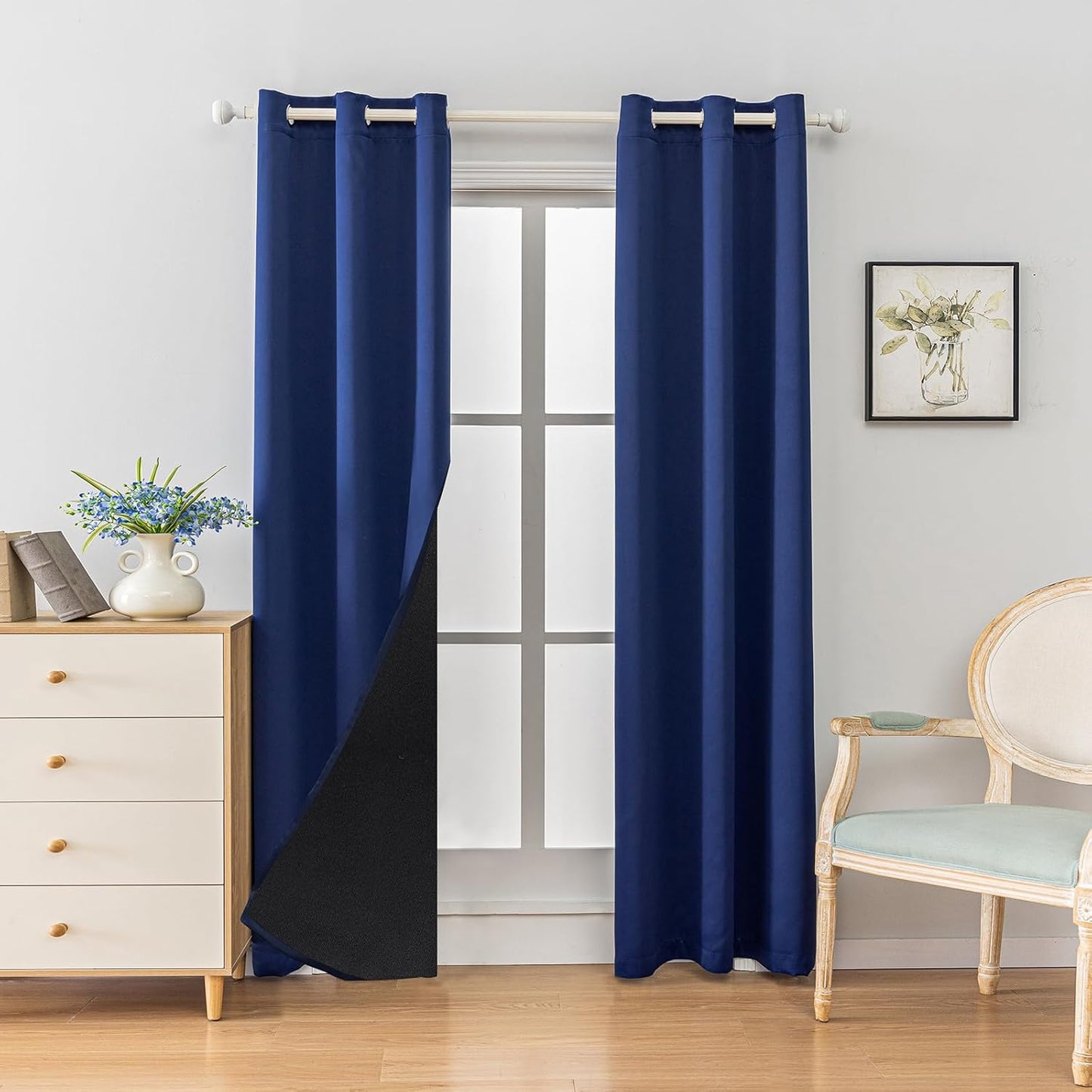 Anytime 100% Blackout Curtain Set, Thermal Insulated & Energy Efficiency Window Draperies for Guest Room, Full Shading Panels for Shift Worker and Light Sleepers（Navy Blue, 2 Panels, 37W x 84L）